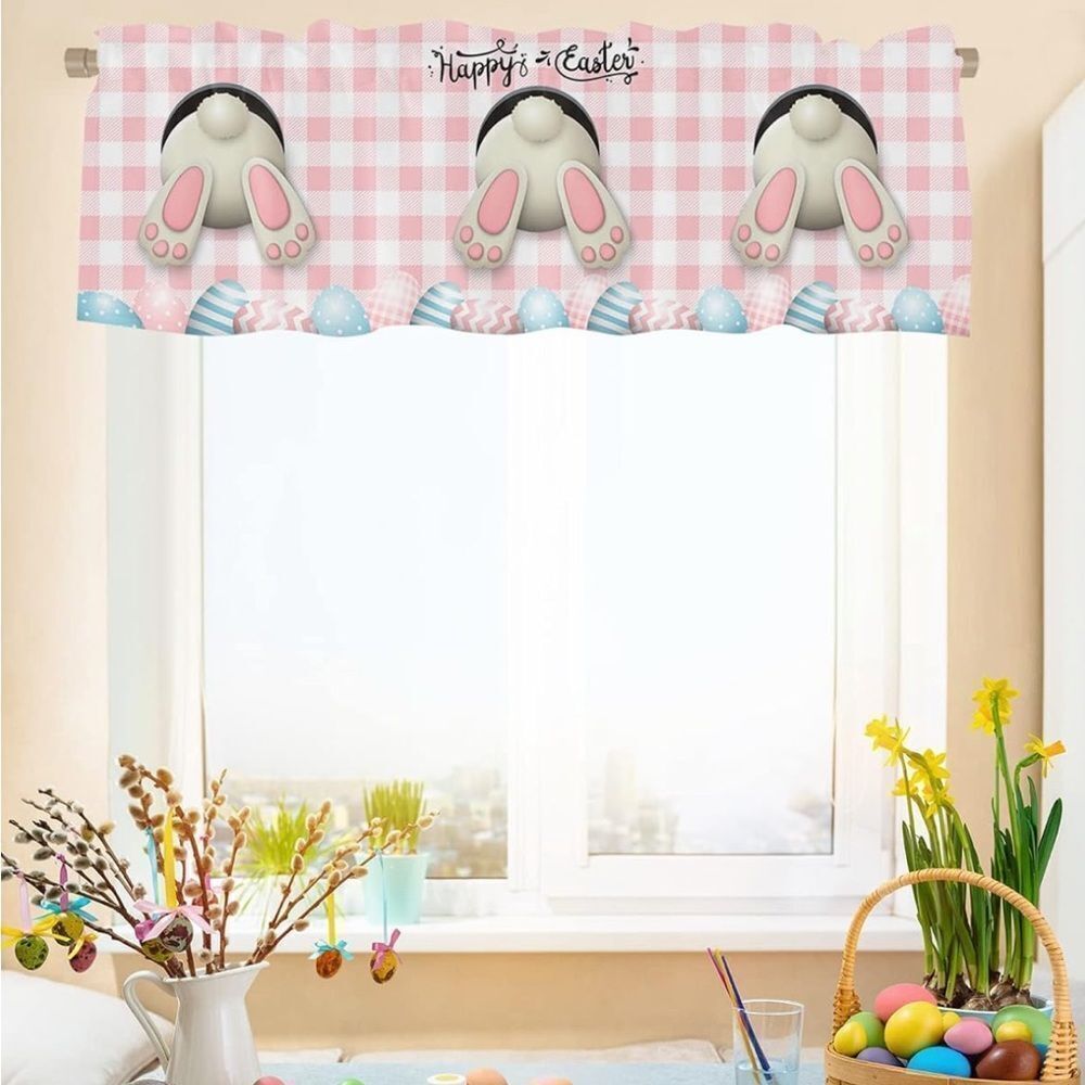 Easter Curtain Valances for Windows, Bunny Easter Eggs Floral Spring Pink Plaid - Picture 2 of 8